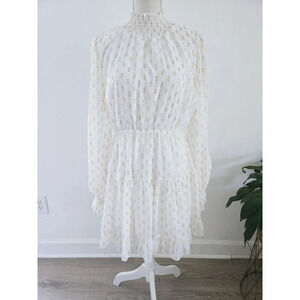 OPT O.P.T Lluvia White Gold Polka Dot Tiered Flowy Smock Neck Mini Short Dress S